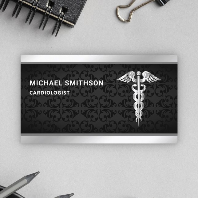 Black Silver Caduceus Symbol Medical Professional Business Card (Creator Uploaded)