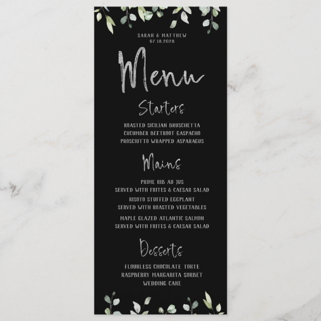 Black & Silver Calligraphy Greenery Wedding Menu (Front)