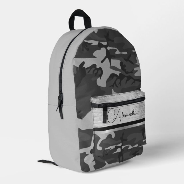 Black Silver Camo Shimmery Chic Personalised Printed Backpack (Back Corner Left)