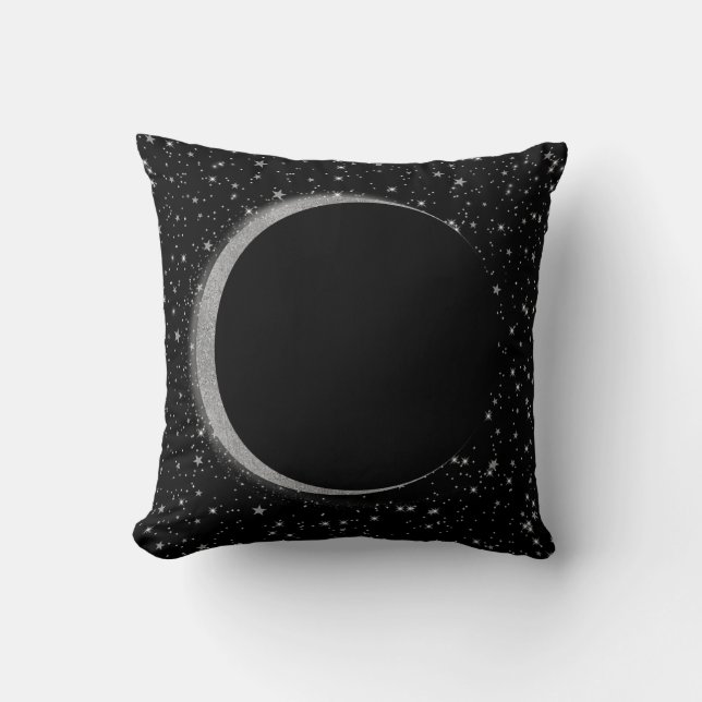 Black & Silver Celestial Moon Magic Lunar Stars Cushion (Front)