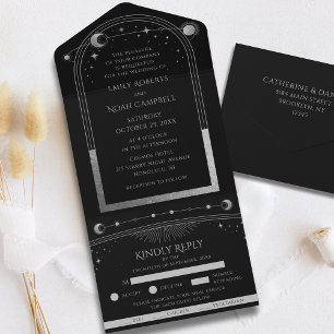 Black Silver Celestial Sun Moon Stars Wedding All In One Invitation