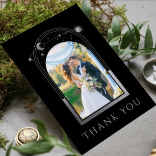 Black Silver Celestial Wedding Photo Thank You Card