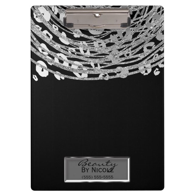 Black Silver Cheetah Leopard Glam Personalised Clipboard (Front)