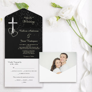 Black Silver Christian Cross Photo Wedding All In One Invitation