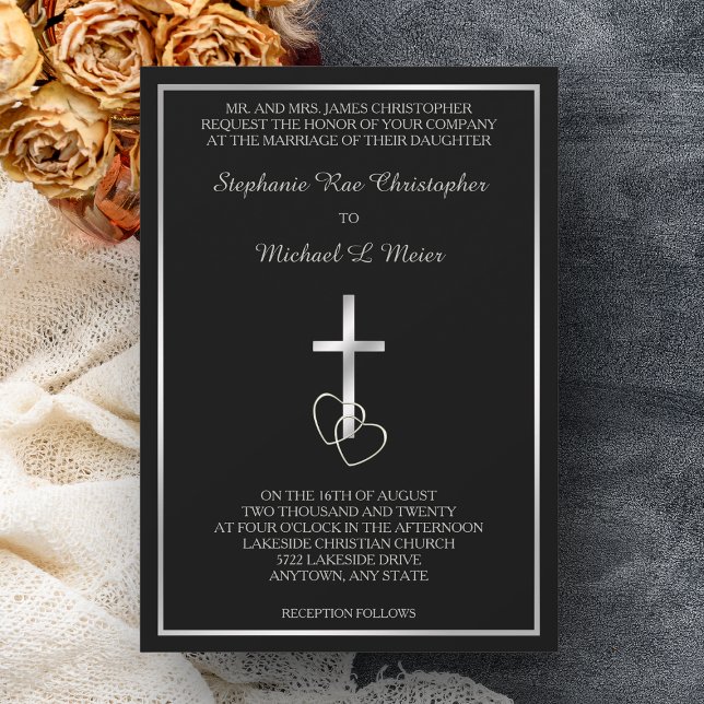 Black Silver Christian Cross Wedding Invitation (Creator Uploaded)