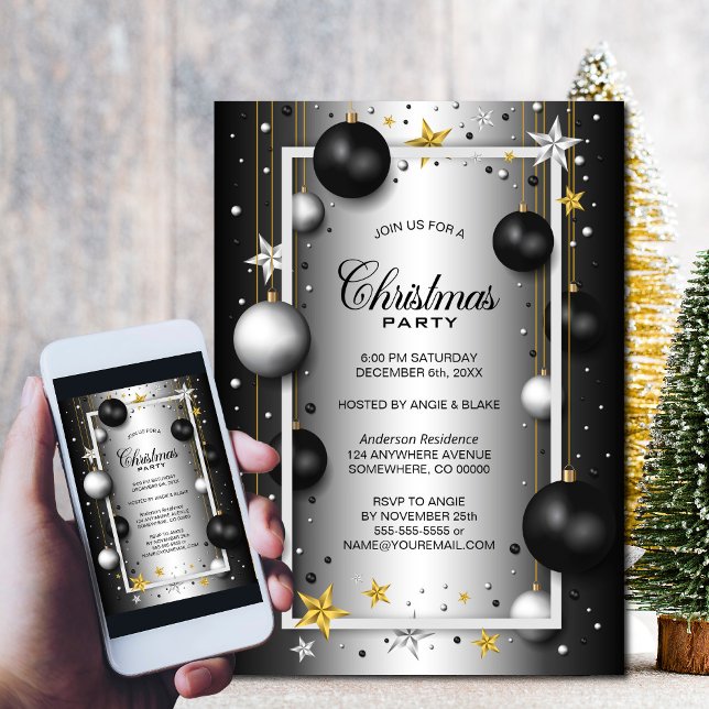 Black Silver Christmas Ornament Christmas Party Invitation (Creator Uploaded)