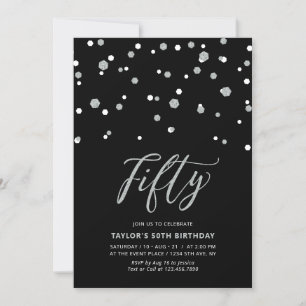 Black & Silver Confetti Fifty 50th Birthday Party  Invitation