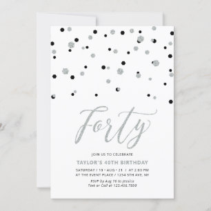Black & Silver Confetti Forty 40th Birthday Party Invitation