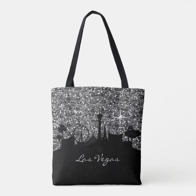 Black & Silver Confetti Glitter Las Vegas Skyline Tote Bag (Back)