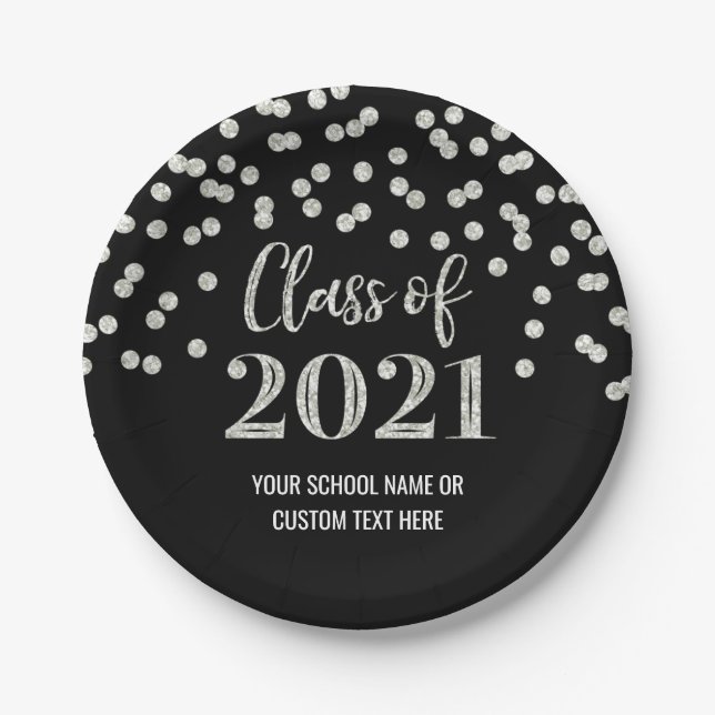 Black Silver Confetti Graduation 2021 Paper Plate (Front)