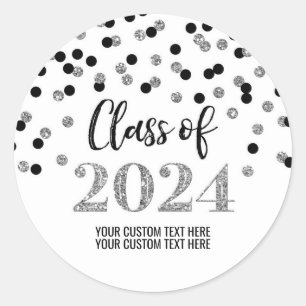 Black Silver Confetti Graduation 2024 Classic Round Sticker