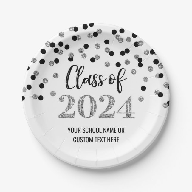 Black Silver Confetti Graduation 2024 Paper Plate (Front)