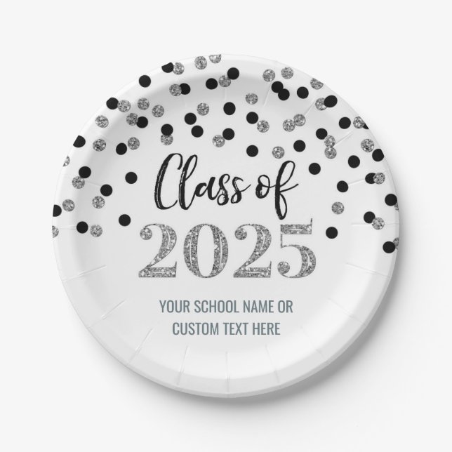 Black Silver Confetti Graduation 2025 Paper Plate (Front)