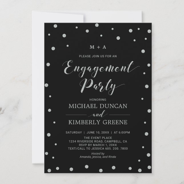 Black & Silver Confetti | Modern Engagement Party Invitation (Front)