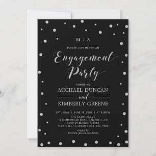 Black & Silver Confetti   Modern Engagement Party Invitation
