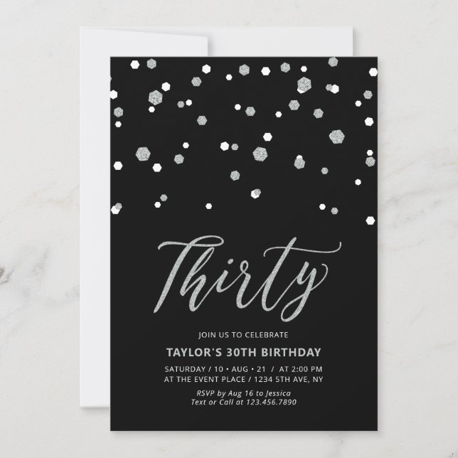 Black & Silver Confetti Thirty 30th Birthday Party Invitation (Front)