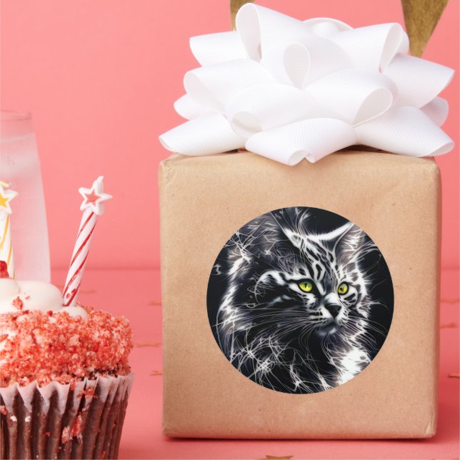 Black, Silver & Cool Elegamce - Mystic Feline Classic Round Sticker (Party)