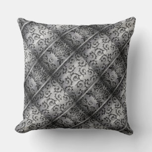 Black & Silver Curls Diamond Pattern Throw Pillow
