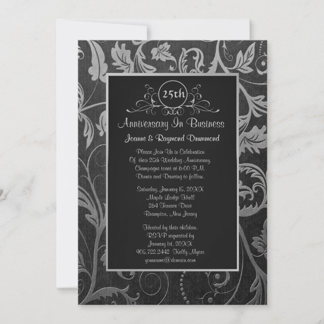 Black - Silver Damask 25th Business Anniversary Invitation (Front)