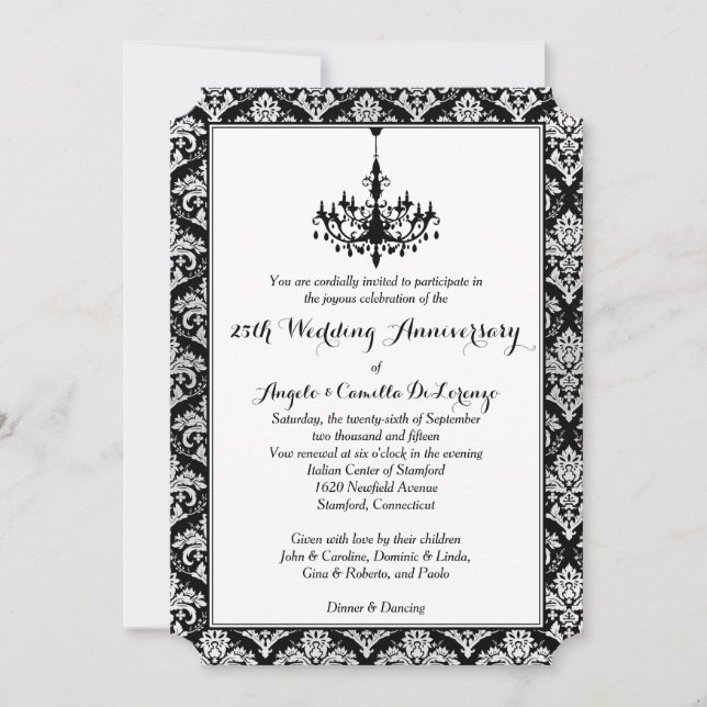 Black, Silver Damask, Chandelier 25th Anniversary Invitation (Front)