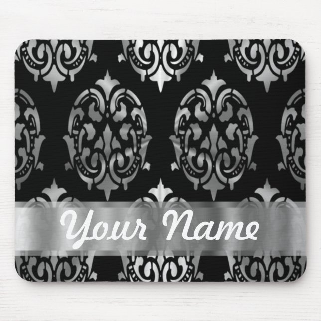 Black & silver damask mouse pad (Front)