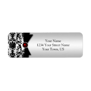 Black Silver Damask Printed Ruby Gemstone Address Return Address Label