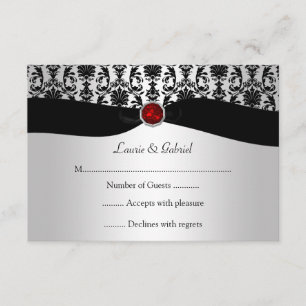 Black Silver Damask Red Jewel RSVP Invitation