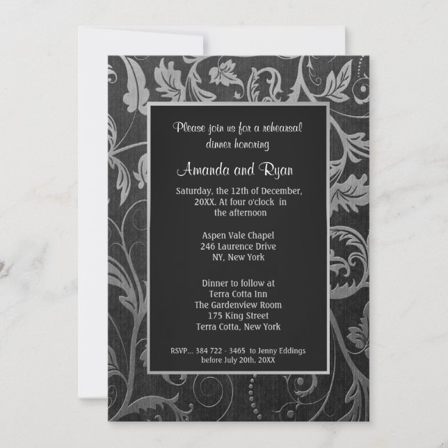 Black - Silver Damask Rehearsal Dinner Invitation (Front)