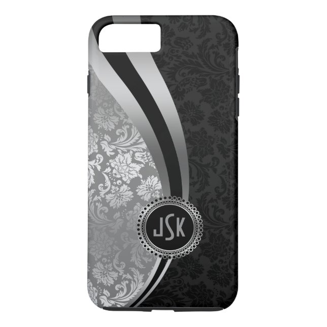 Black & Silver Damasks Dynamic Stripes Monogramed Case-Mate iPhone Case (Back)