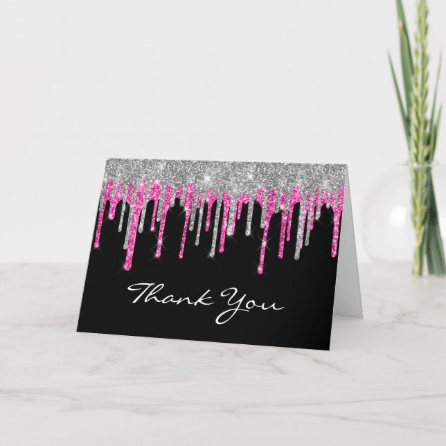 Black Silver Deep Pink Glitter Drip Quinceañera Thank You Card (Front)