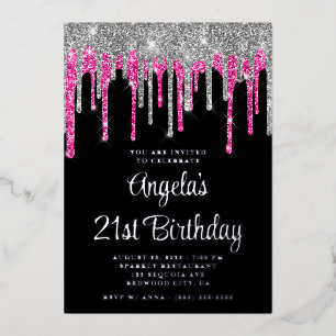 Black Silver Deep Pink Glitter Drips 21st Birthday