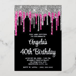 Black Silver Deep Pink Glitter Drips 40th Birthday