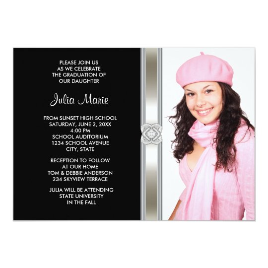 Black Silver Diamond Girl Photo Graduation Card