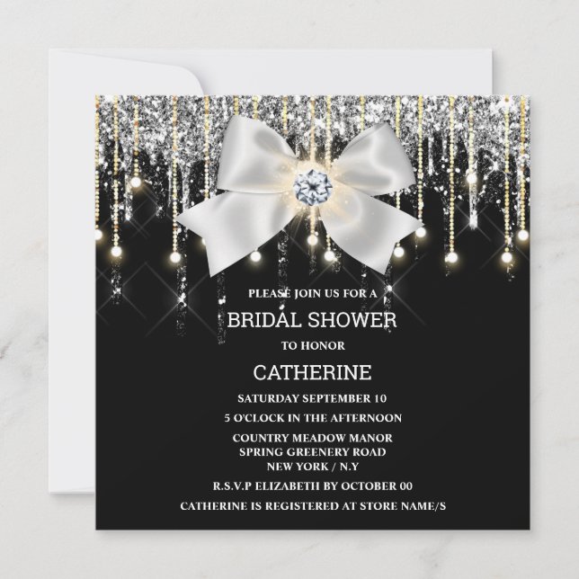 Black silver diamond shimmer lights elegant  invitation (Front)
