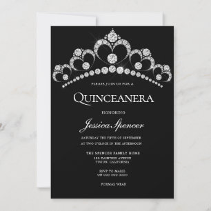 Black & Silver Diamond Tiara Quinceanera Party Invitation