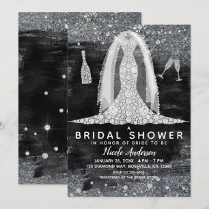 Black Silver Diamond Wedding Dress Bridal Shower Invitation