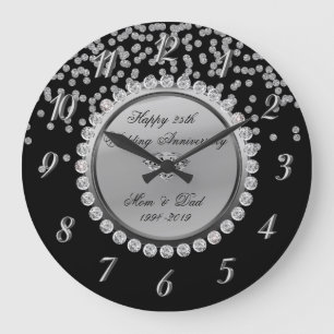 Black Silver  Diamonds 25th Wedding Anniversary Large Clock