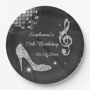 Black/Silver Disco Ball and Heels 75th Birthday Paper Plate
