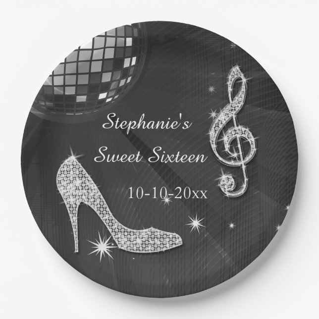 Black/Silver Disco Ball and Heels Sweet 16 Paper Plate (Front)