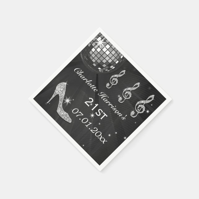 Black/Silver Disco Ball and Sparkle Heels 21st Napkin (Corner)