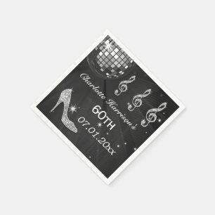 Black/Silver Disco Ball and Sparkle Heels 60th Napkin