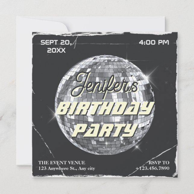 Black silver disco party ball grunge birthday invitation (Front)