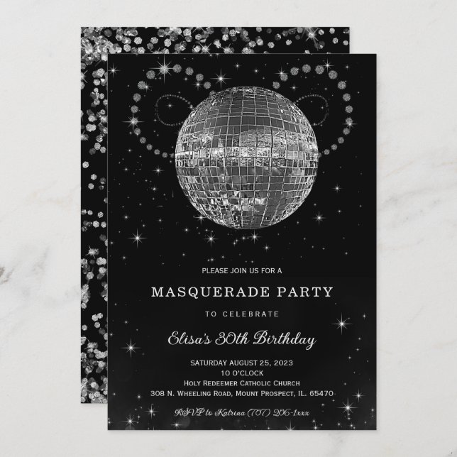 Black Silver Disko Birthday Party Invitation (Front/Back)