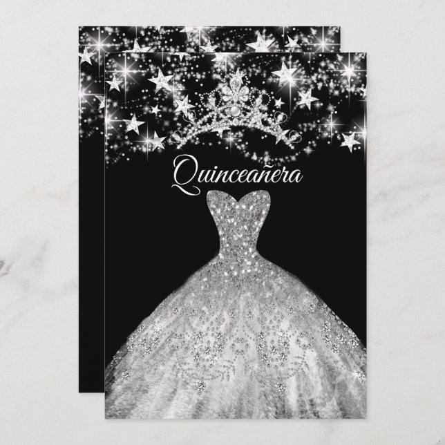 Black Silver Dress Sparkle Tiara Stars Quinceanera Invitation (Front/Back)
