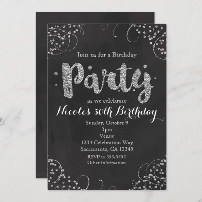 Black & Silver Elegant Birthday Party Invitations (Front/Back)