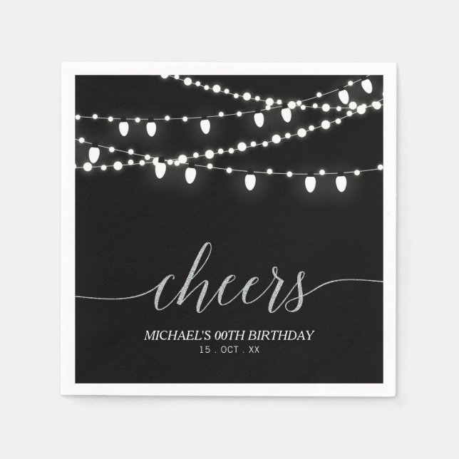Black & Silver Elegant Lights Adult Birthday Party Napkin (Front)