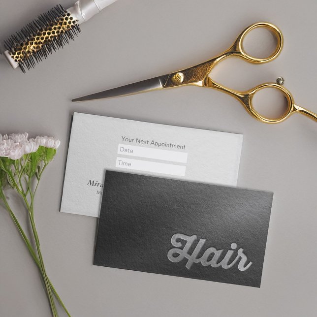 Black Silver Emboss Text Hair Stylist Appointment Card (Creator Uploaded)