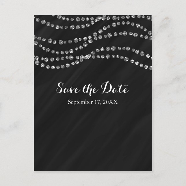 Black & Silver Faux Diamond Bling Save The Date Announcement Postcard (Front)
