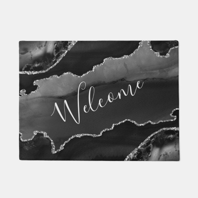 Black & Silver Faux Glitter Agate Doormat (Front)