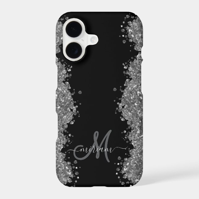 Black Silver Faux Glitter Grey Modern Monogram (Back)